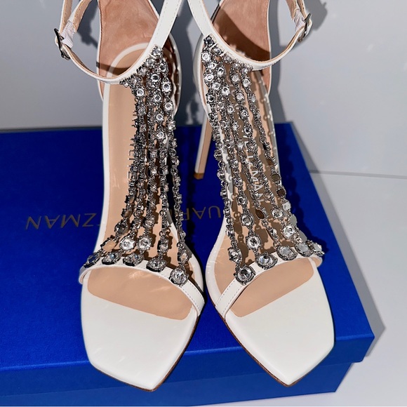 ✨New STUART WEITZMAN Stardust 100 Crystal Dress Sandals Bridal White Leather 7.5 - Picture 5 of 13